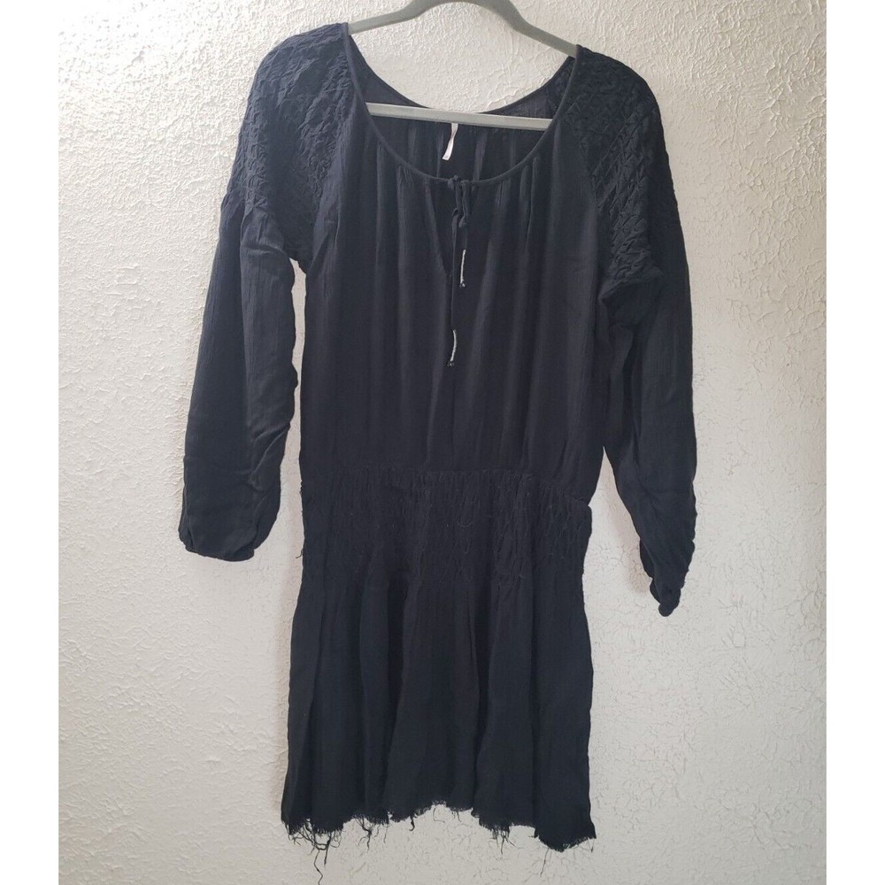 Free People Sz XS Navy Blue Dark Tunic Top Shirt Oversized Long Sleeve Raw Hem